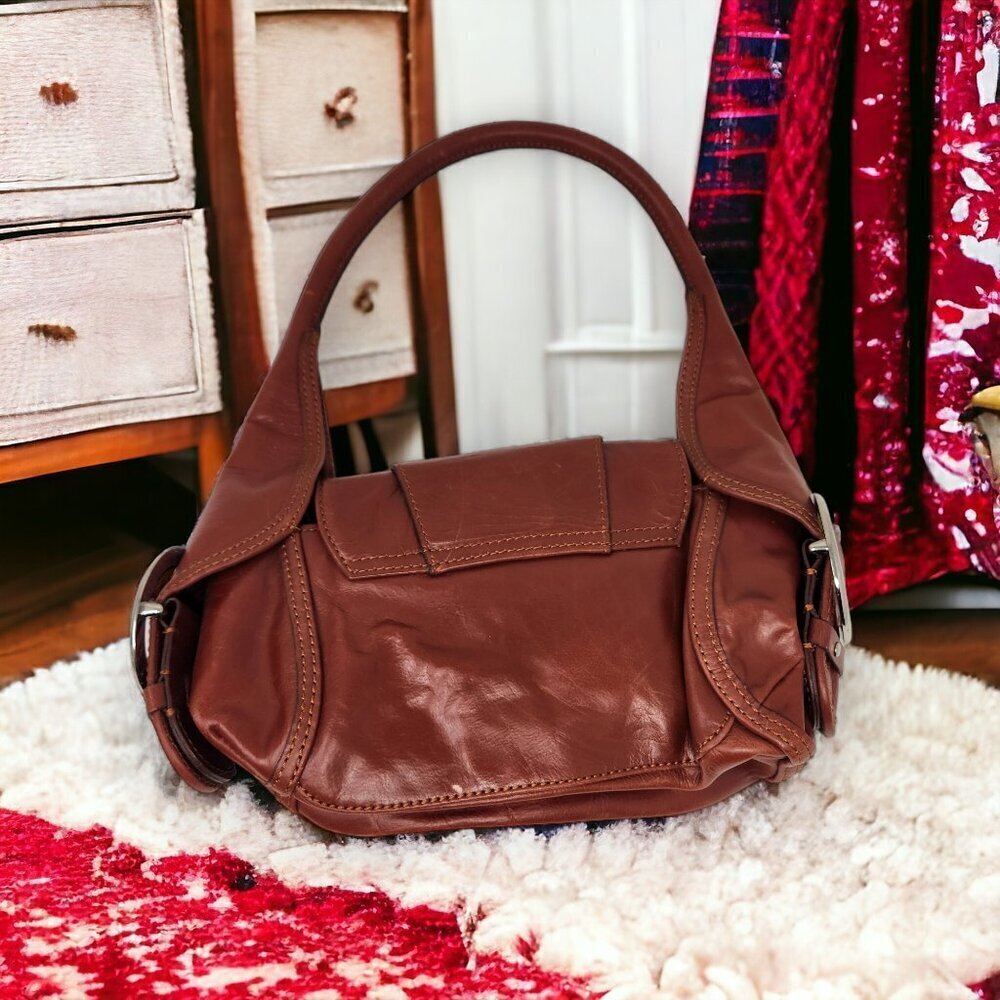 Gianni Bini Reddish Brown Faux Leather Hobo Shoulder Handbag Purse Tote Buckle - Picture 2 of 9